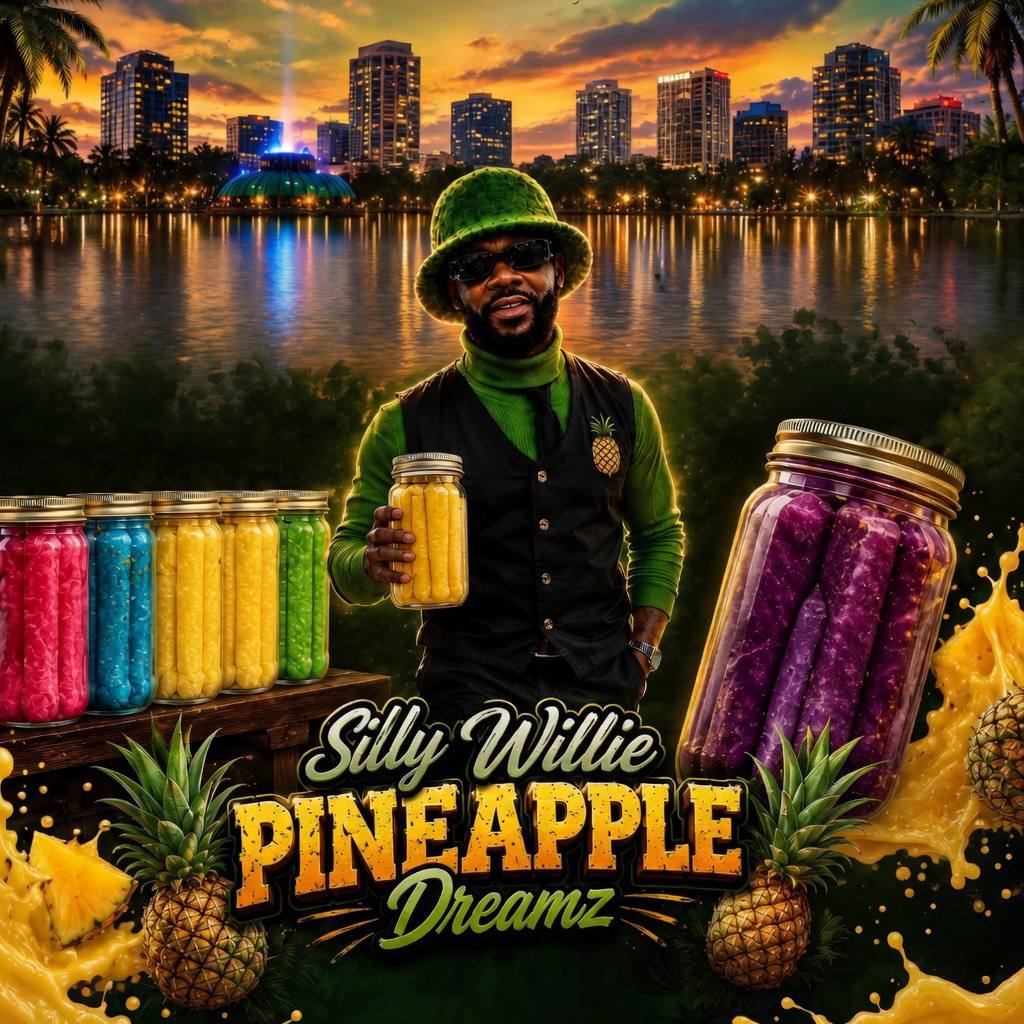 Silly Willie holding a Pineapple Dreamz jar